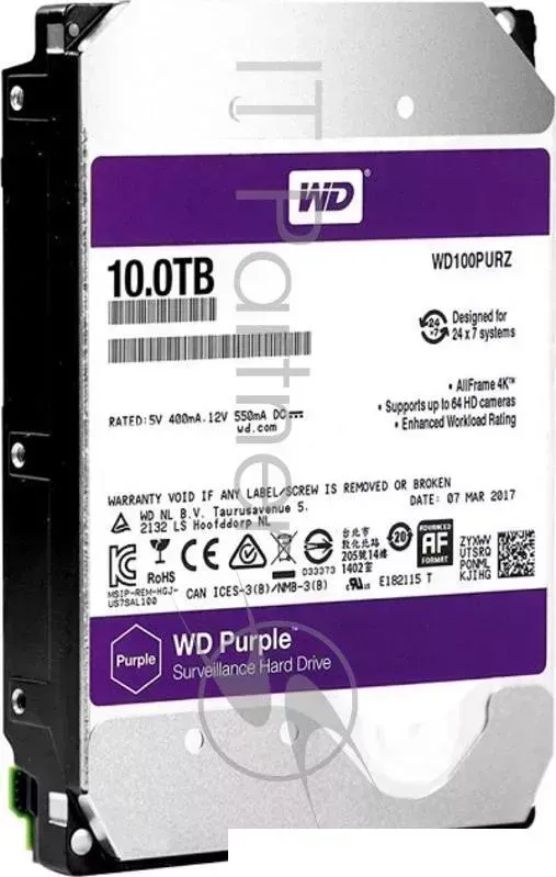 Жесткий диск WD Purple WD100PURZ 10ТБ 3,5" IntelliPower 256MB (SATA-III) WESTERN DIGITAL Накопитель на жестком магнитном е WD