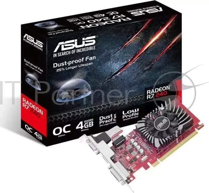Видеокарта Asus PCI-E R7240-O4GD5-L AMD Radeon R7 240 4096Mb 128bit DDR5 770/4600 DVIx1/HDMIx1/CRTx1/HDCP Ret low profile ASUS R7