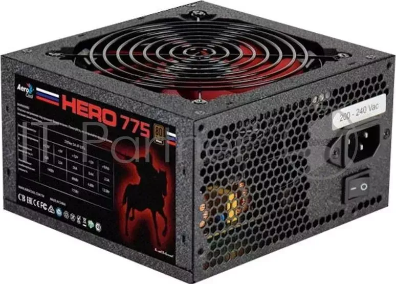 Блок питания Aerocool HERO-775 (ATX 2.4, 775W, Active PFC, 120mm fan красная LED подсветка, 80 PLUS BRONZE) Box AEROCOOL 80
