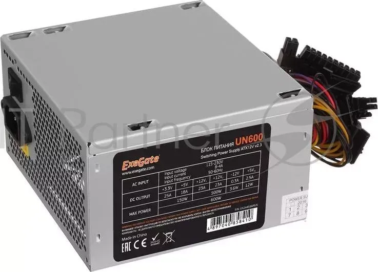 Блок питания 600W Exegate UN600, ATX, 12cm fan, 24 4pin, 6pin PCI E, 3*SATA, 1*FDD, 2*IDE