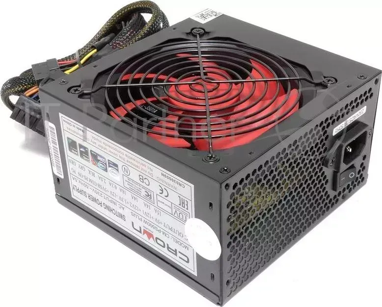 Блок питания CROWN CM-PS500W PLUS (ATX 500W, EMI/CE, 20+4in 450mm, 120mm red FAN, SATA*4, IDE*4, FDD*1, 4+4pin, 6+2pin PCI-E*1, кабель питания 1.2м, с CROWN слюда)