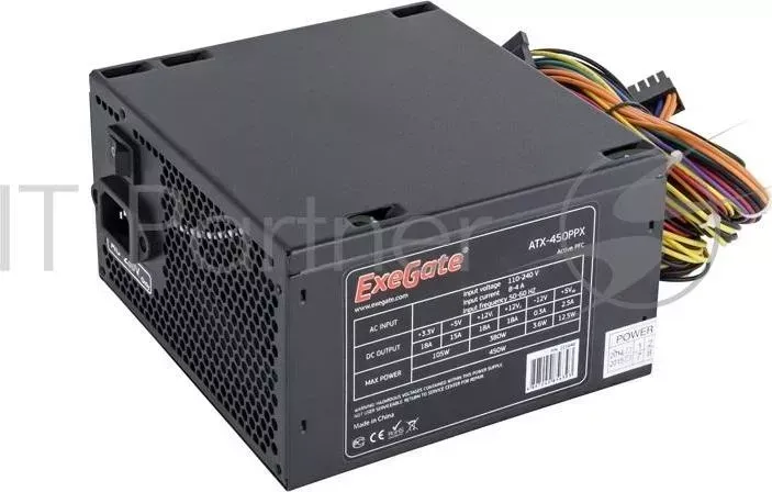 Блок питания 450W Exegate 450PPX RTL, ATX, black, active PFC, 12cm, 20 4pin/4pin/PCI E/4*IDE/5*SATA