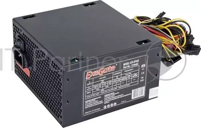 Блок питания 450W Exegate XP450, ATX, black, 12cm fan, 24 4pin, 6 2 pin PCI E, 3*SATA, 1*FDD, 2*IDE