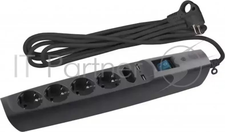 Сетевой фильтр ЭРА C0043326 SFU 5es 2m B черный 3x1 мм2, со шт, с выкл, 5гн 2 USB зарядки, 2м, защита от короткого замыкания, от перегрузки, от импульсных и высокоч