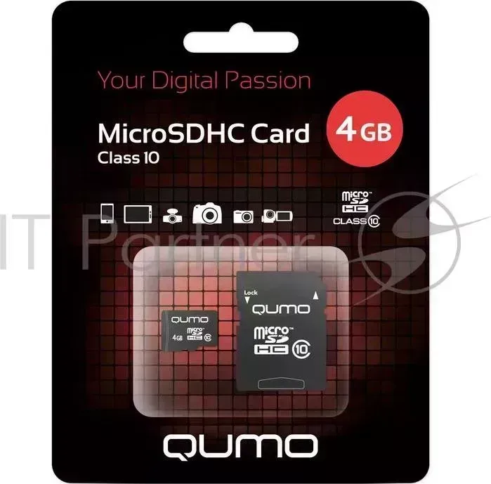Флэш карта QUMO QM4GMICSDHC10 MicroSDHC Class 10, SD adapter 4Gb { SD }