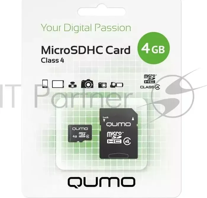 Флэш карта QUMO QM4GMICSDHC4 MicroSDHC Class 4, SD adapter Micro SecureDigital 4Gb { 4, SD }