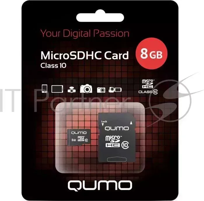 Флэш карта QUMO QM8GMICSDHC10 MicroSDHC Class 10, SD adapter Micro SecureDigital 8Gb { SD }