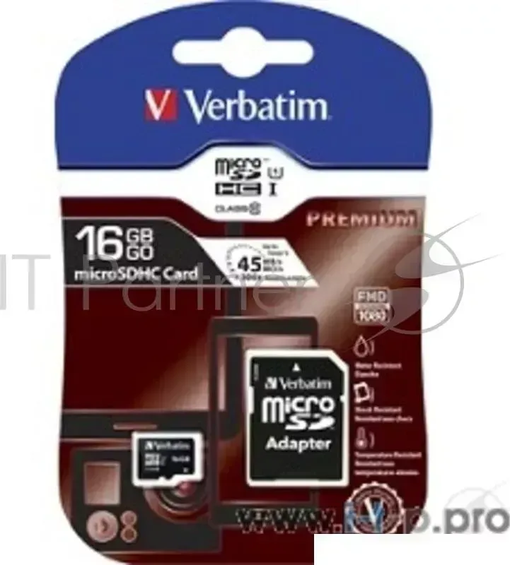 Флэш карта VERBATIM 44082 MicroSDHC Class 10 UHS I, SD adapter 16Gb { 10 -I, SD }