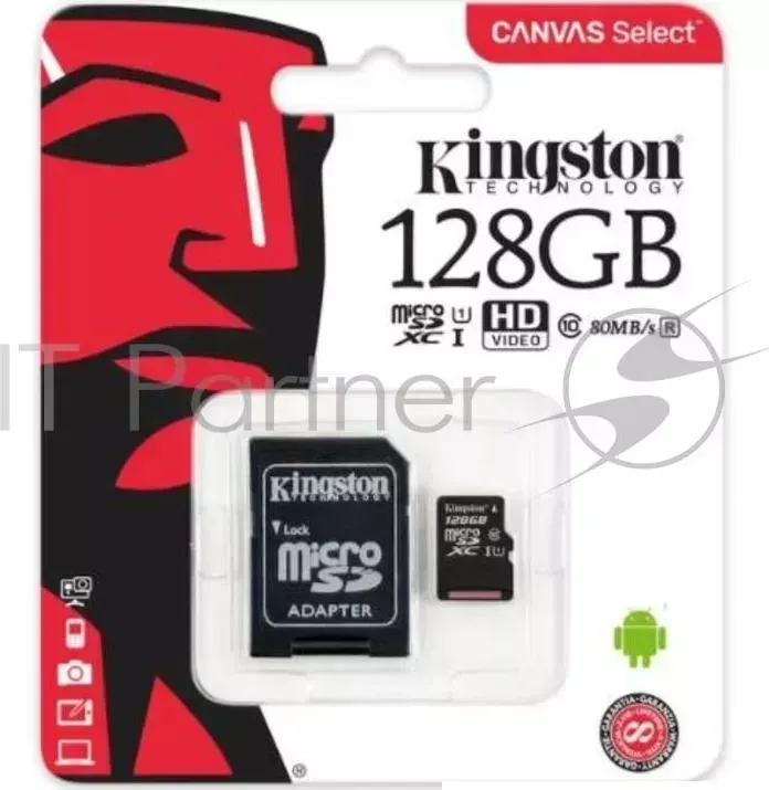 Флеш накопитель Micro SecureDigital 128Gb KINGSTON SDCS/128GB SDXC Class 10 UHS I, SD adapter