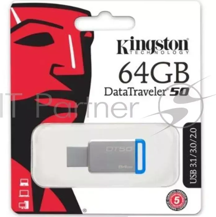 Флеш Диск KINGSTON 64Gb DataTraveler 50 DT50/64GB USB3.1 серебристый/синий