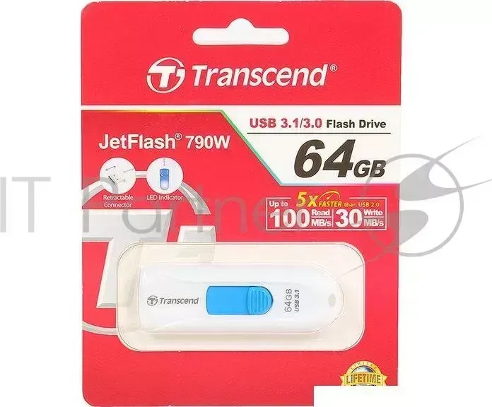 Флеш накопитель 64GB TRANSCEND JetFlash 790, USB 3.0, Белый/Синий