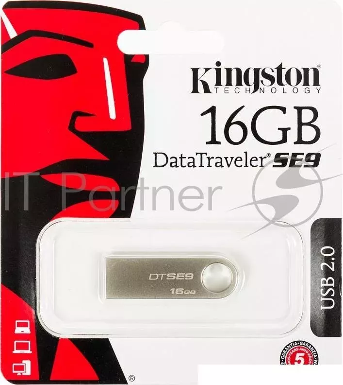 Флеш Диск KINGSTON 16Gb DataTraveler SE9 DTSE9H/16GB YAN USB2.0 серебристый