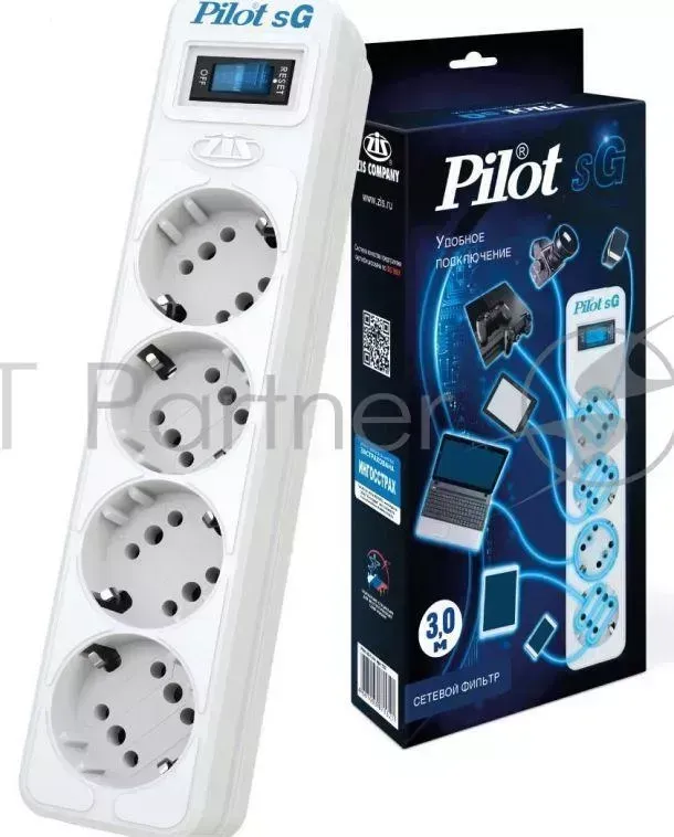 Сетевой фильтр PILOT SG 4x8 3м 4 розетки белый коробка