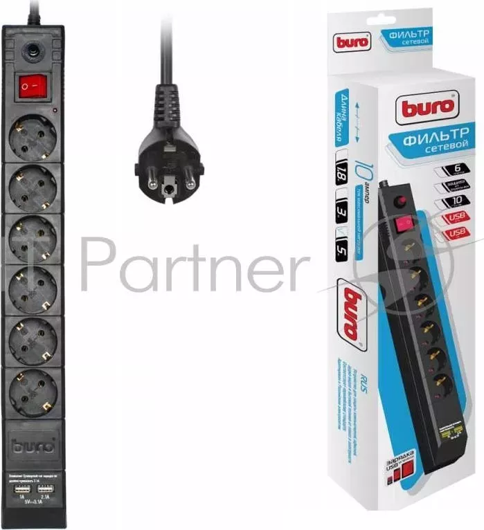 Сетевой фильтр BURO , 6 розеток, 5 метров, BU SP5 USB 2A B черный 992320