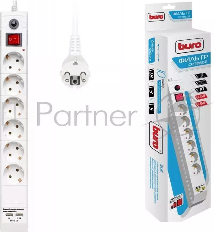 Сетевой фильтр Buro BU-SP5_USB_2A-W 5м (6 розеток) белый (коробка) BURO BU SP5 USB 2A W . 6 розеток