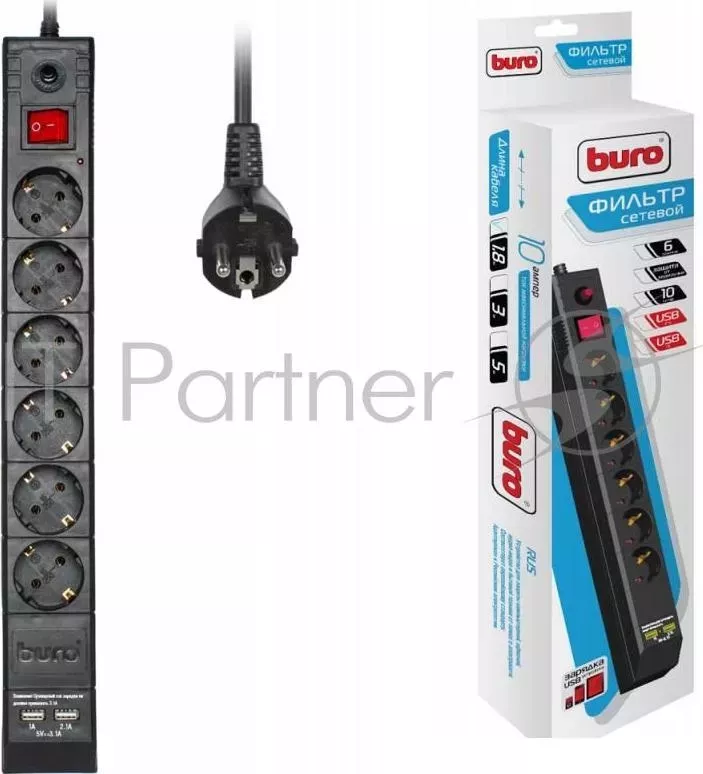 Сетевой фильтр Buro BU-SP1.8_USB_2A-B 1.8м (6 розеток) черный (коробка) BURO BU SP1.8 USB 2A B . 6 розеток