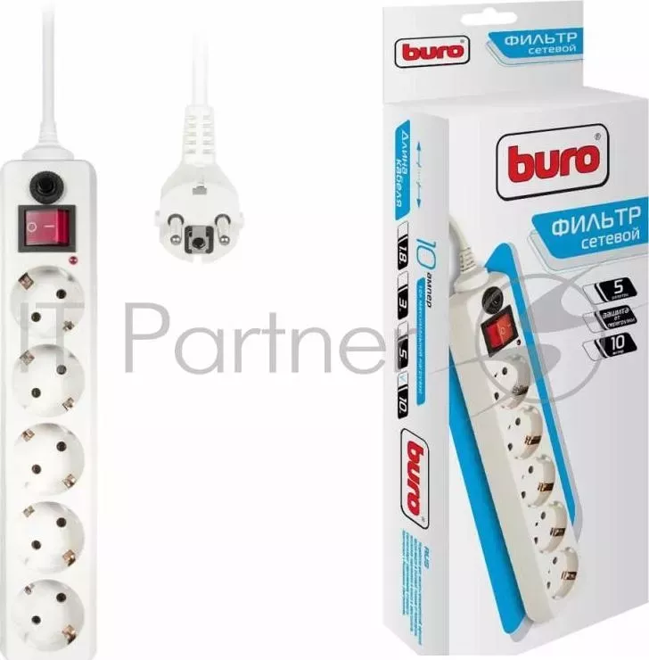Сетевой фильтр Buro 500SH-10-W 10м (5 розеток) белый (коробка) BURO 500SH 10 W . 5 розеток