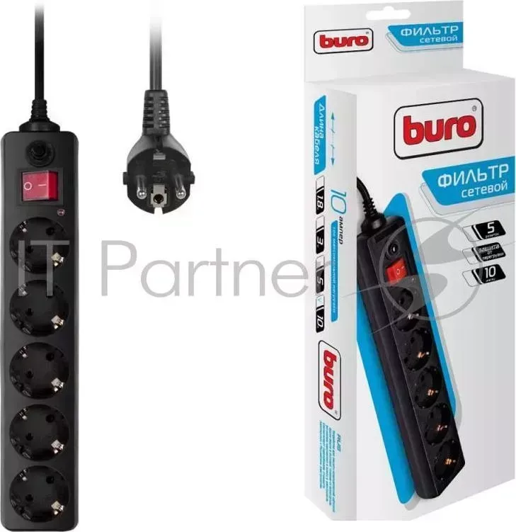 Сетевые фильтры BURO , 5 розеток, 10 метров, 500SH 10 B , черный 992303
