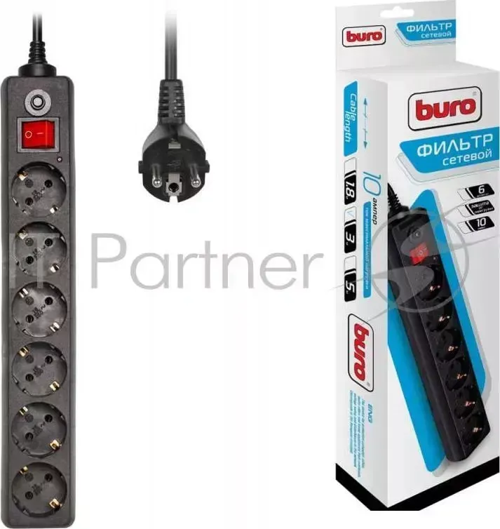 Сетевой фильтр Buro 600SH-3-B 3м (6 розеток) черный (коробка) BURO 600SH 3 B . 6 розеток