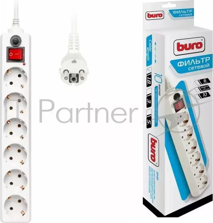 Сетевой фильтр Buro 600SH-1.8-W 1.8м (6 розеток) белый (коробка) BURO 600SH 1.8 W . 6 розеток
