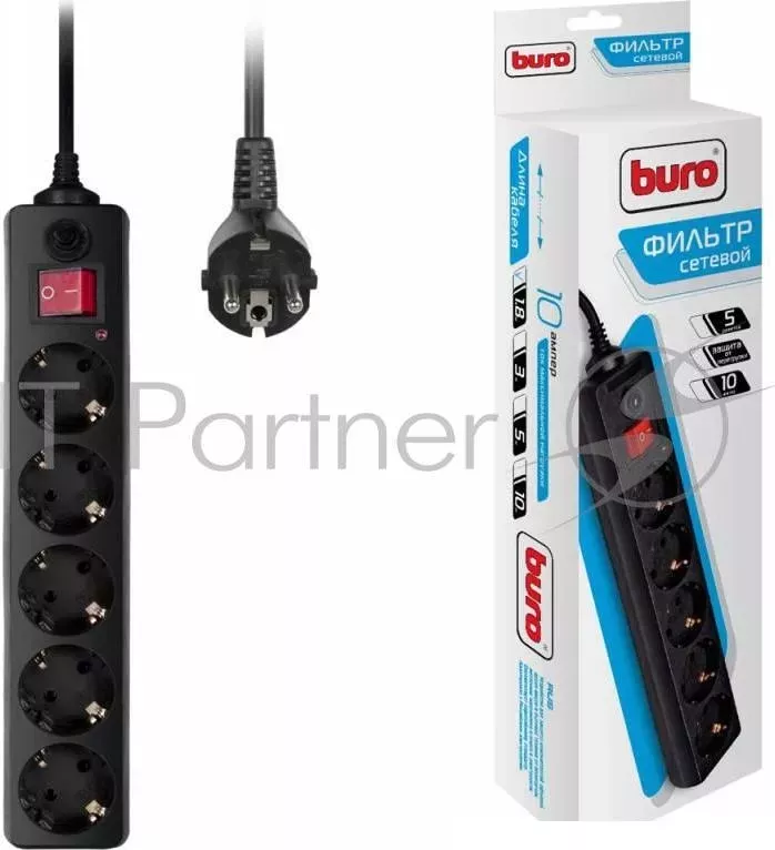 Сетевой фильтр Buro 500SH-1.8-B 1.8м (5 розеток) черный (коробка) BURO 500SH 1.8 B . 5 розеток
