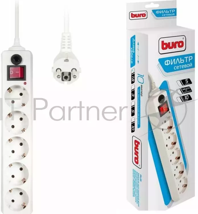 Сетевой фильтр Buro 500SH-1.8-W 1.8м (5 розеток) белый (коробка) BURO 500SH 1.8 W . 5 розеток