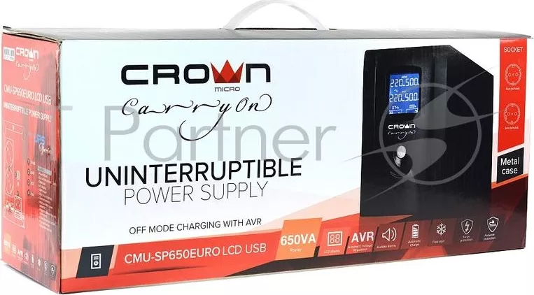 Фото №2 ИБП CROWN Line Intractive CMU-650EURO LCD USB 650VA\360W, корпус металл, 1x12V/7AH, розетки 2*EURO+3*IEC, трансформатор AVR 140-290V, LCD-дисплей, съё CROWN -дисплей,