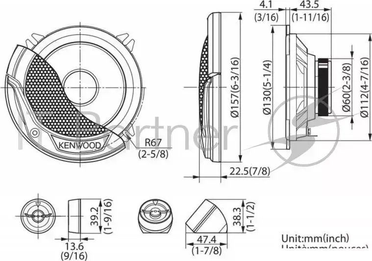 Колонки автомобильные KENWOOD KFC E130P 250Вт 91дБ 4Ом 13см 5дюйм компонентные двухполосные