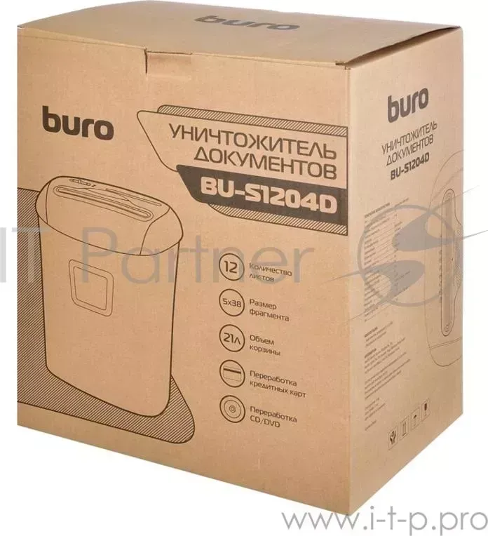 Шредер BURO Office BU-S1204D (секр.P-4)/фрагменты/12лист./21лтр./пл.карты/CD