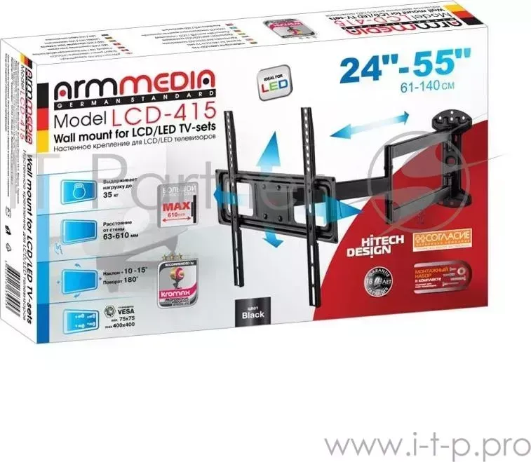 Кронштейн для телевизора Arm Media LCD-415 черный 24"-55" макс.35кг настенный поворотно-выдвижной и наклонный ARM MEDIA и