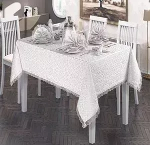 Скатерть Do and Co KDK 160х220 +6 салфеток с кольцами и гипюром (9046 белый)