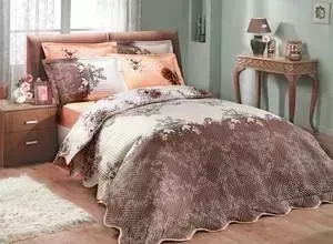 Набор для спальни Hobby home collection Delfina-Carmen покрывало + КПБ 2-х сп. поплин коричневый/персиковый (1501000094)