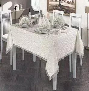 Скатерть Do and Co KDK 160х220 +6 салфеток с кольцами и гипюром (9046 кремовый)