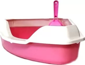 Фото №0 Туалет HomeCat угловой с бортиком розовый в комплекте с совком для кошек 56х42х18 см