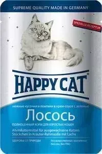 Паучи Happy Cat Лосось нежные кусочки и ломтики в крем-соусе с зеленью для взрослых кошек 100г (1002306)