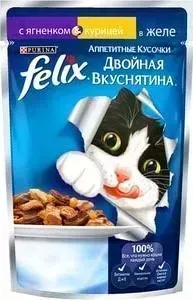 Паучи Felix Двойная вкуснятина аппетитные кусочки в желе с ягненком курицей для кошек 85г (12294935)