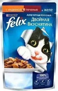 Паучи Felix Двойная вкуснятина аппетитные кусочки в желе с индейкой печенью для кошек 85г (12294936)