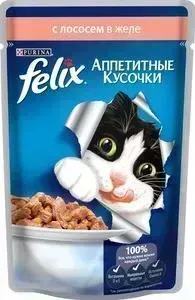 Паучи Felix Аппетитные кусочки с лососем в желе для кошек 85г (12318918)