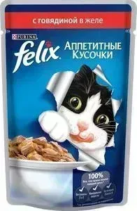 Паучи Felix Аппетитные кусочки с говядиной в желе для кошек 85г (12318916)