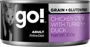Консервы GO! NATURAL Holistic Cat Grain+Gluten Free Chicken Stew with Turkey+Duck беззерновые с курицей индейкой уткой для кошек 100г (28015): характе