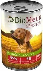 Консервы BioMenu Sensitive Индейка, кролик 95&#037; индейка, кролик и мясные компоненты для собак 410г
