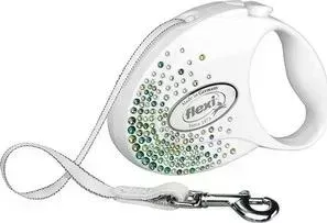Рулетка Flexi Glam Splash Leaf М лента 5м белая с зелеными кристаллами для собак до 25кг