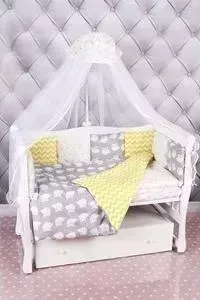 Комплект в кроватку AmaroBaby в 18 предметов (6+12 бортиков) СОВЯТА Premium (бязь, желтый/серый)