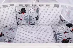Комплект в кроватку AmaroBaby в WB 15 предметов (3+12 подушек-бортиков) КОТИКИ (бязь, серый)