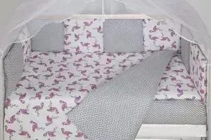 Комплект в кроватку AmaroBaby в WB Premium 18 предметов (6+12 бортиков) ФЛАМИНГО (попл.,малин./сер.)