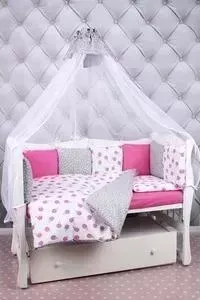 Комплект в кроватку AmaroBaby в 19 предметов (7+12 бортиков) SWEET Premium (малиновый/белый, бязь)