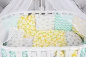 Комплект в кроватку AmaroBaby в 19 предметов (7+12 подушек-бортиков) HAPPY BABY (мятный/желтый, бязь)