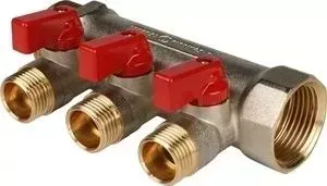 Коллектор STOUT с шаровыми кранами 1" на 3 выхода 1/2" (красные ручки) (SMB 6200 011203)