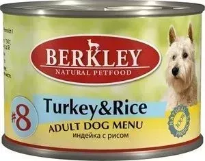 Консервы Berkley Adult Dog Menu Turkey Rice № 8 с индейкой и рисом для взрослых собак 200гр (75004)