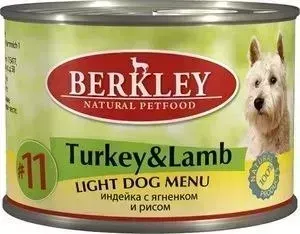Консервы Berkley Adult Dog Menu Light Menu № 11 легкая формула с индейкой, ягненком и яблоком для взрослых собак 200г (75010)